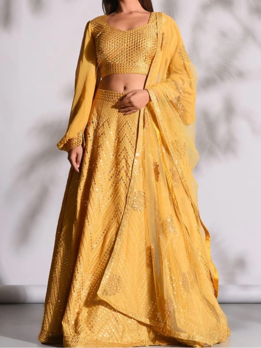 Yellow Embellished Lehenga with Balloon Sleeves with Men’s Yellow Outfit